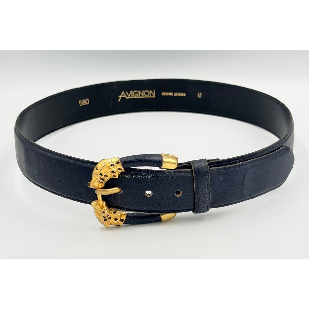 Avignon Genuine Leather Belt Navy Blue with Gold Leopard Buckle France Size M
